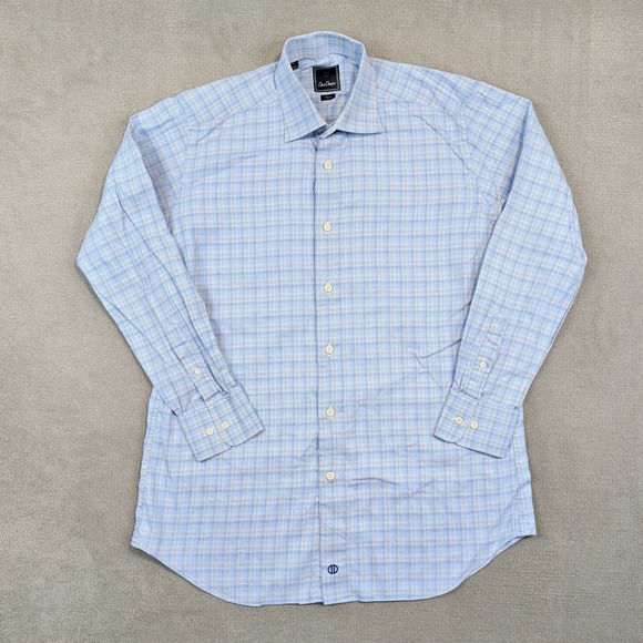 David Donahue Classic Plaid Dress Shirt 16 32/33 Blue Cotton Trim Fit Business — photo 2